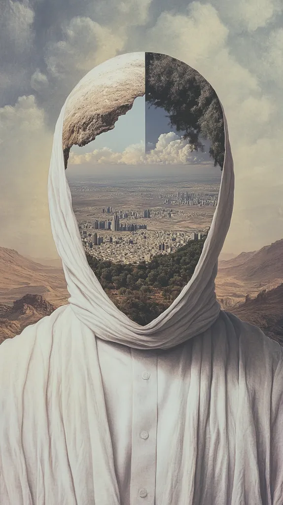 A surreal image depicts a figure shrouded in a white garment.  The face is replaced by a landscape split into two halves: one a rocky outcrop, the other a cityscape nestled amongst greenery, both under a cloudy sky. The juxtaposition suggests a duality, possibly representing the contrast between nature and urban development, or inner and outer worlds. The overall tone is contemplative and dreamlike.