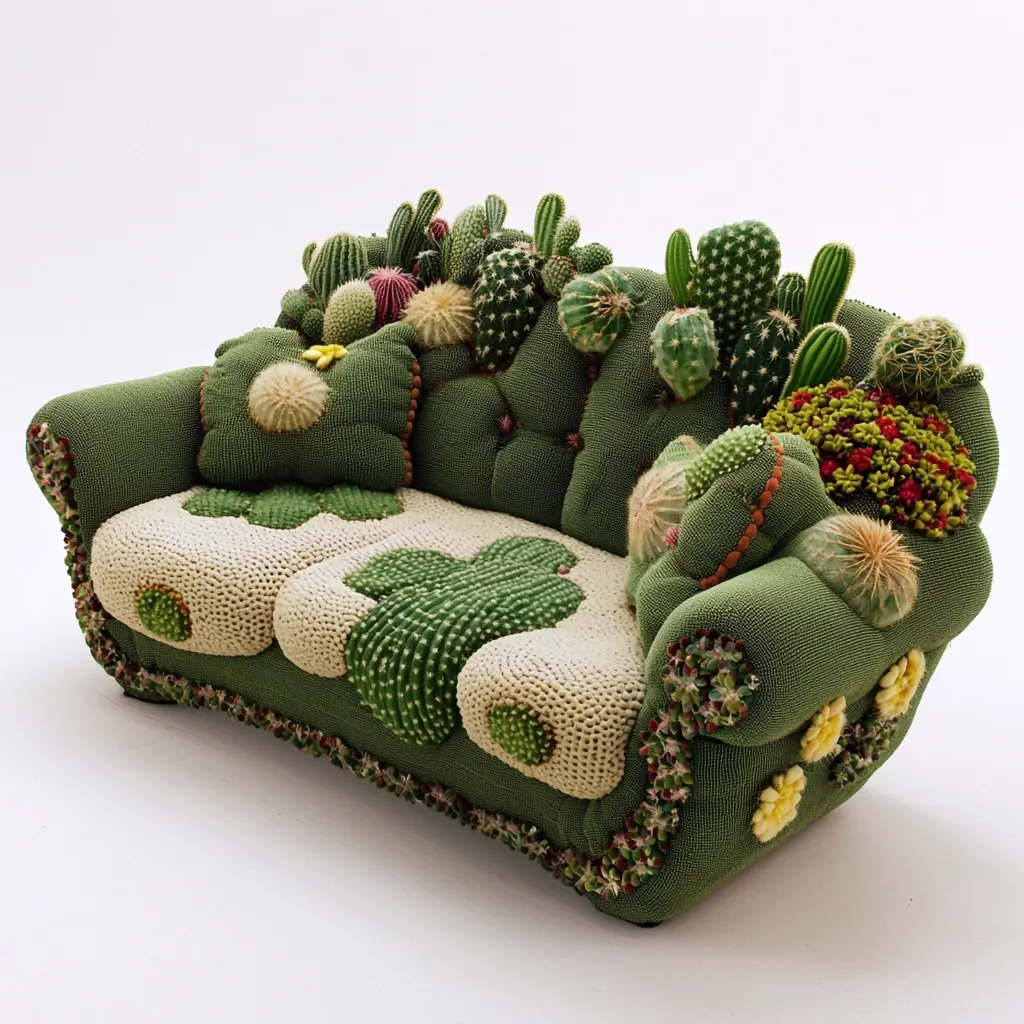 A whimsical sofa is entirely covered in meticulously arranged cacti and succulents. The green fabric base is adorned with small plants, creating a unique, textured surface.  Cream-colored cushions feature clover-shaped patterns also made from smaller cacti. The overall effect is a striking and unusual piece of furniture, blending nature and design.