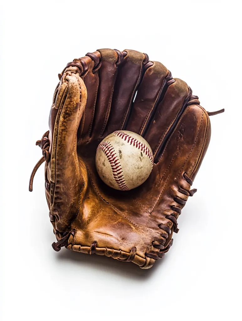 A well-worn, vintage brown leather baseball glove rests on a white background.  A slightly dirty, used baseball sits nestled inside the glove's pocket.  The glove shows signs of age and use, with its leather softened and textured. The image evokes a sense of nostalgia and the classic American pastime.