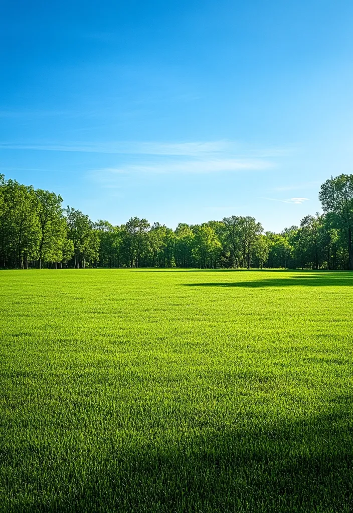 A vibrant green field stretches to a line of lush, green trees under a clear blue sky.  The image is peaceful and idyllic, showcasing a natural landscape on a sunny day. The bright sky contrasts beautifully with the deep green of the vegetation, creating a serene and tranquil scene.