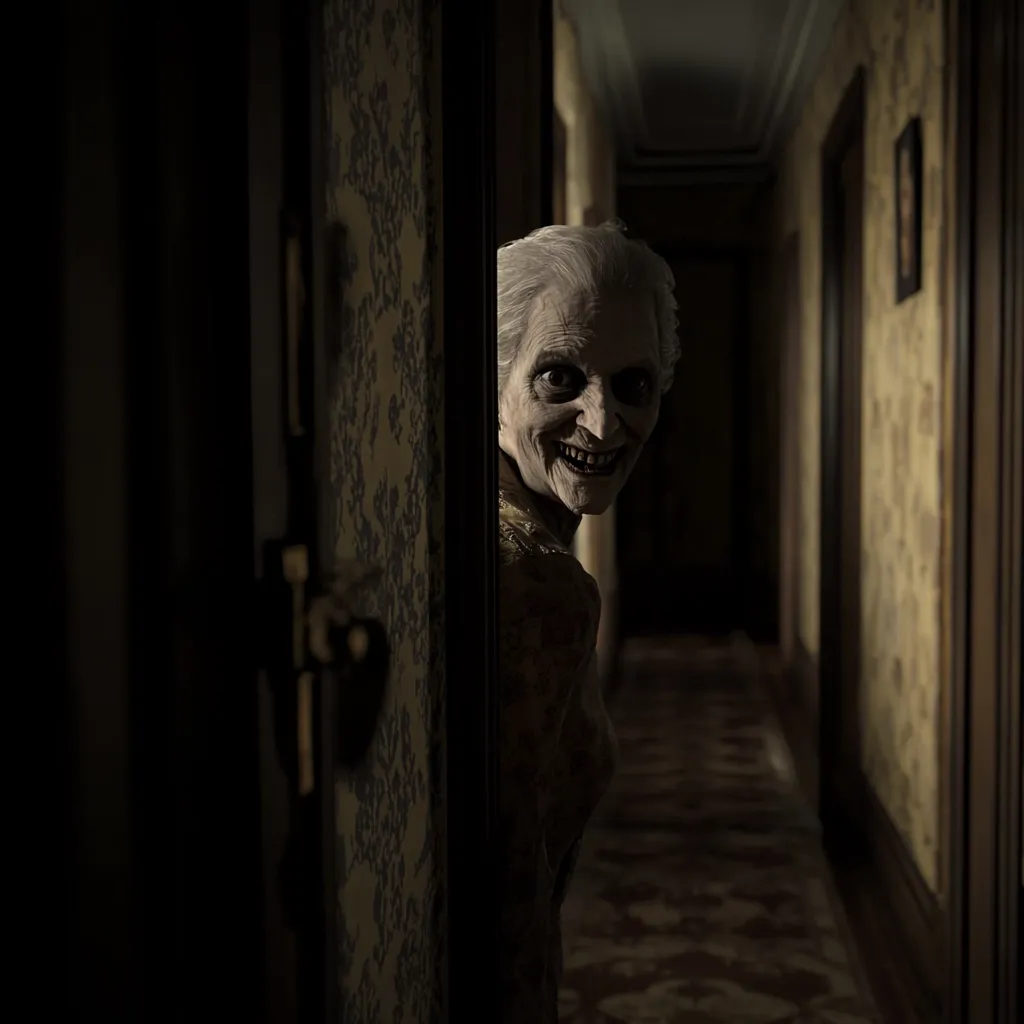 A sinister, pale-faced elderly woman with a disturbing smile peeks from behind a door in a dimly lit hallway.  The hallway is long and narrow, lined with aged wallpaper and dark wood. The overall atmosphere is eerie and unsettling, suggesting a haunted or creepy setting.  The woman's expression is menacing, creating a sense of dread and suspense.