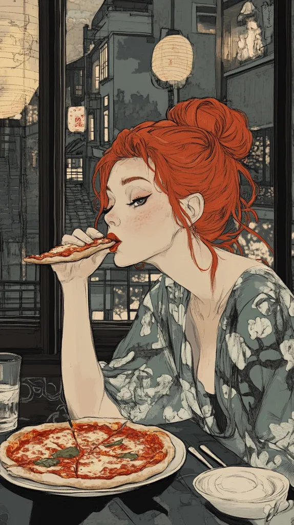 A stylish illustration depicts a young woman with vibrant red hair in a bun, elegantly enjoying a pizza.  She's seated at a table near a window overlooking a charming, possibly Asian-inspired, street scene.  Her attire is a loose-fitting, floral-patterned robe. The overall aesthetic is a blend of modern and vintage styles, creating a serene and captivating image.