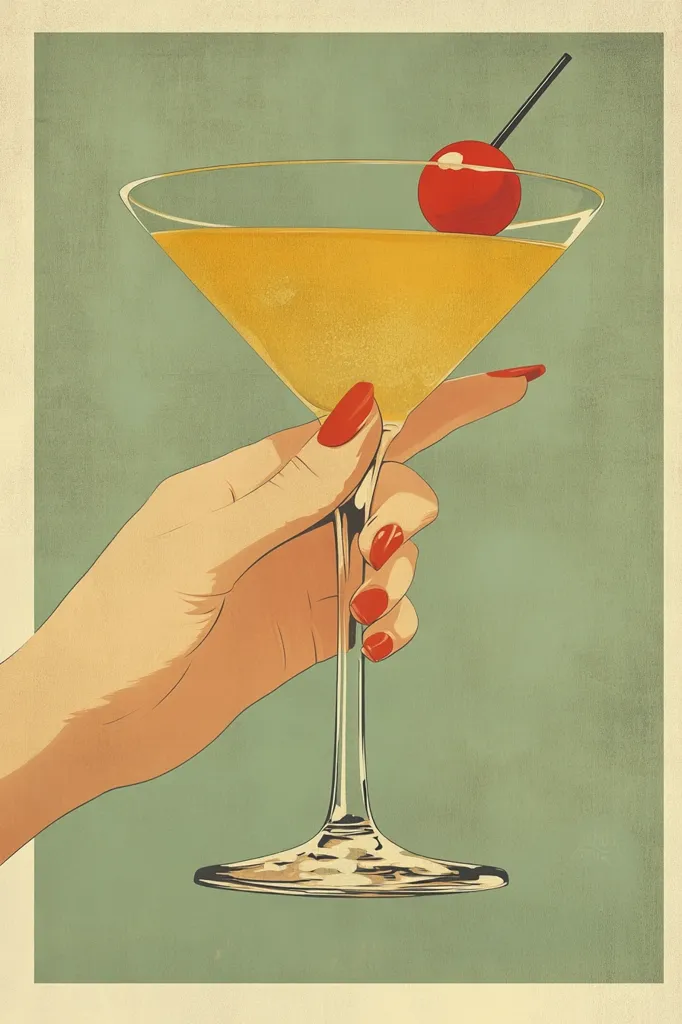 A stylized illustration in vintage style depicts a woman's hand elegantly holding a martini glass. The glass is filled with a golden yellow cocktail, garnished with a bright red cherry on a stem.  The woman's nails are painted a matching vibrant red. The background is a muted sage green, enhancing the retro aesthetic.