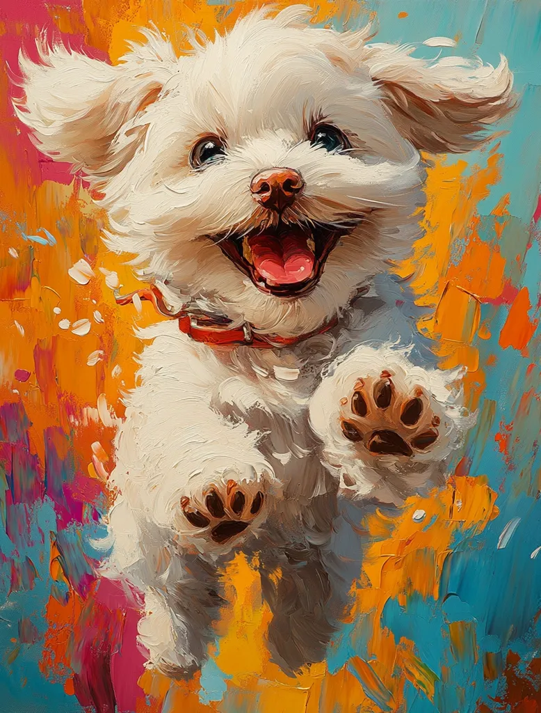 A vibrant oil painting depicts a joyful, white fluffy dog mid-leap against a colorful, abstract background.  The dog's expression is one of pure happiness, its mouth open in a wide, cheerful grin.  The artist's impasto technique creates a textured, energetic feel, enhancing the sense of movement and the dog's playful spirit.  Warm oranges and yellows contrast with cool blues and pinks, creating a visually striking composition.