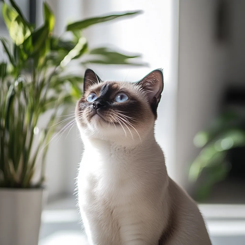 A Siamese cat with striking blue eyes sits attentively, gazing upward. Its creamy white fur contrasts with darker points on its face and ears.  The cat is positioned near a houseplant in a bright, softly lit room.  Its posture suggests curiosity or anticipation.