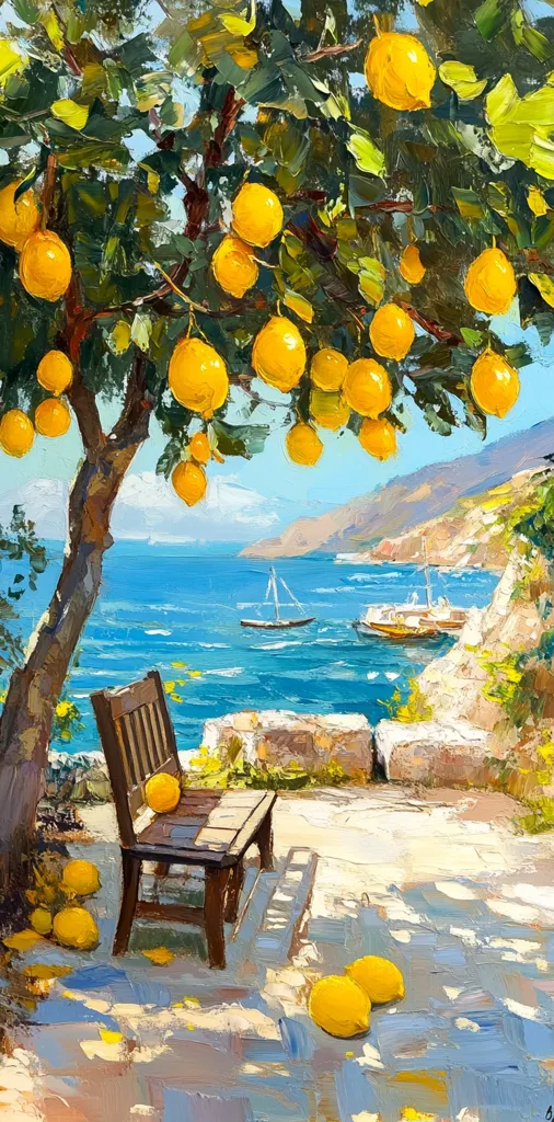 A vibrant oil painting depicts a sun-drenched coastal scene.  A lemon tree laden with ripe fruit overhangs a wooden bench, where a few lemons rest.  The tranquil blue sea stretches to a distant coastline, with small boats gently sailing.  The style is impasto, with visible brushstrokes adding texture and light.  The overall mood is one of peaceful Mediterranean charm.