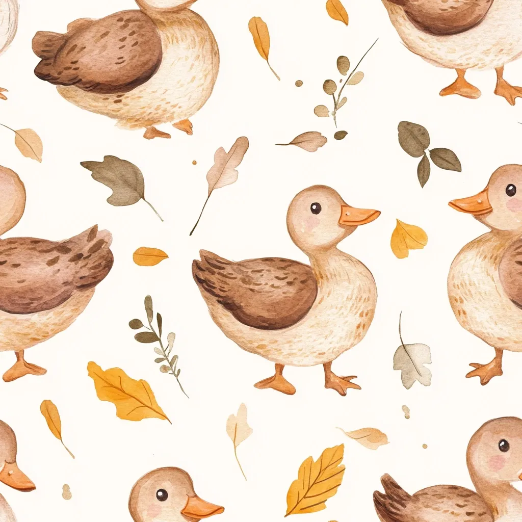 A charming watercolor pattern features adorable brown ducks amidst autumnal leaves and sprigs.  The ducks are depicted in a cute, cartoonish style with soft, muted tones.  The background is white, creating a clean and visually appealing design perfect for textiles, stationery, or children's products. The overall aesthetic is warm, inviting, and autumnal.