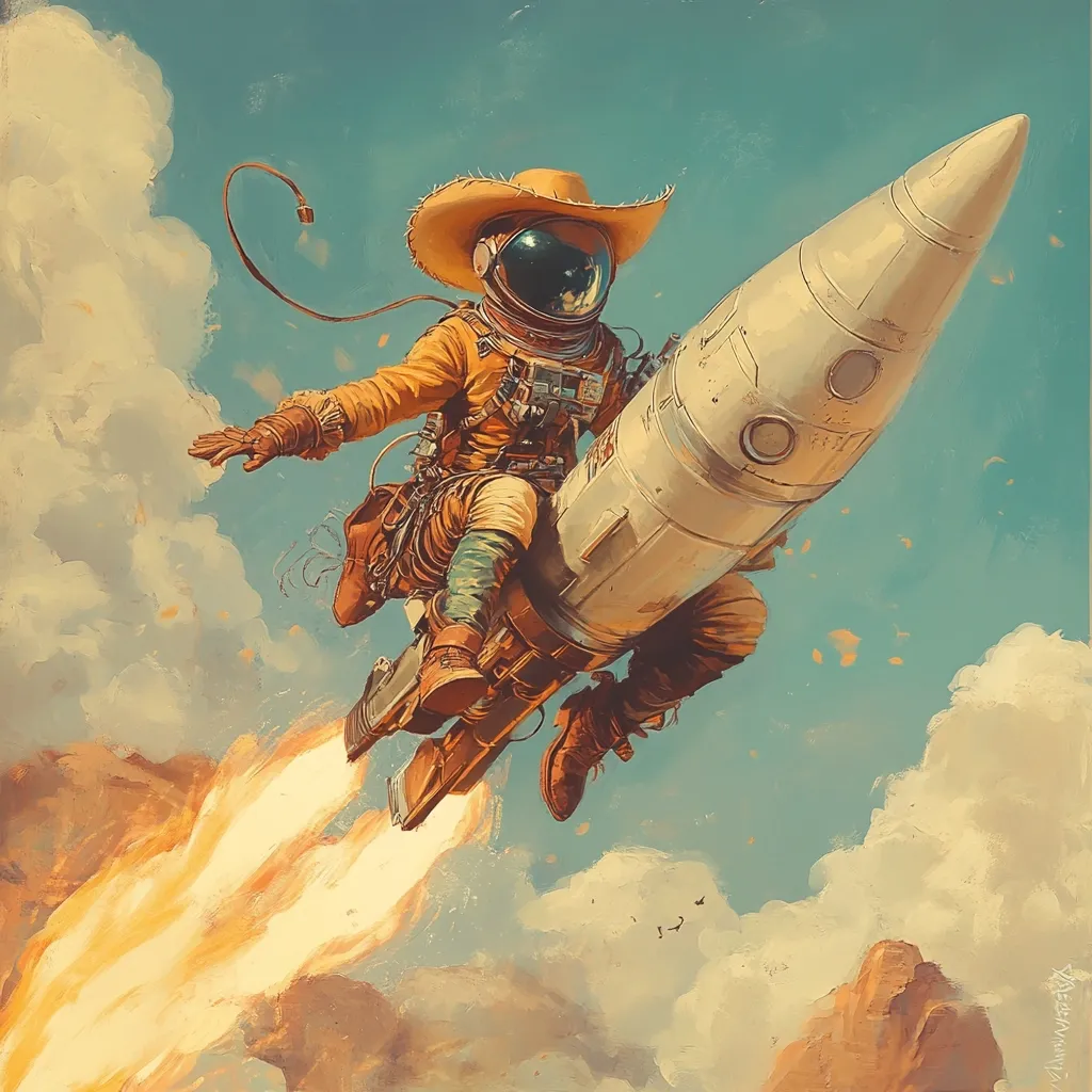 A whimsical illustration depicts an astronaut, clad in a yellow spacesuit and a wide-brimmed cowboy hat, riding a retro-style rocket.  The rocket is firing, leaving a trail of vibrant orange flames against a pastel sky dotted with fluffy clouds. The astronaut's attire and the rocket's design blend futuristic elements with a vintage aesthetic, creating a surreal and adventurous scene.  The overall style is painterly and slightly nostalgic.