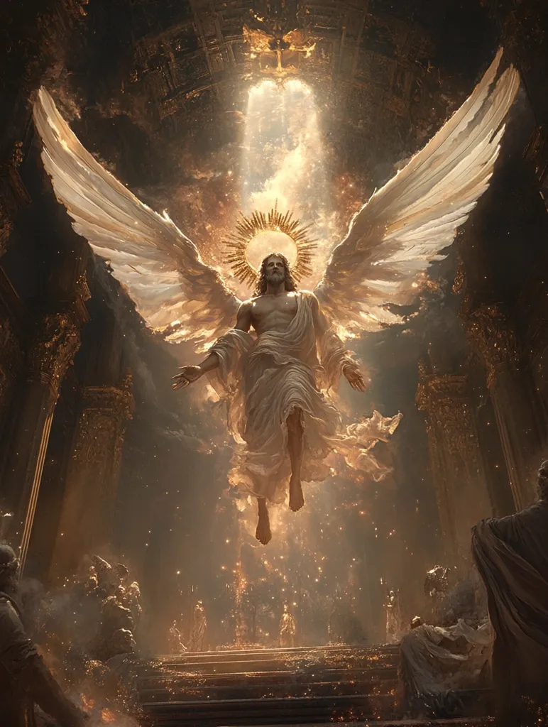 A majestic angel, resembling Jesus, descends from a golden, heavenly light.  Enormous, translucent wings frame his radiant figure. He floats above a grand, ornate hall where figures in flowing robes kneel in awe, surrounded by golden dust motes. The scene evokes a powerful sense of divine presence and reverence.