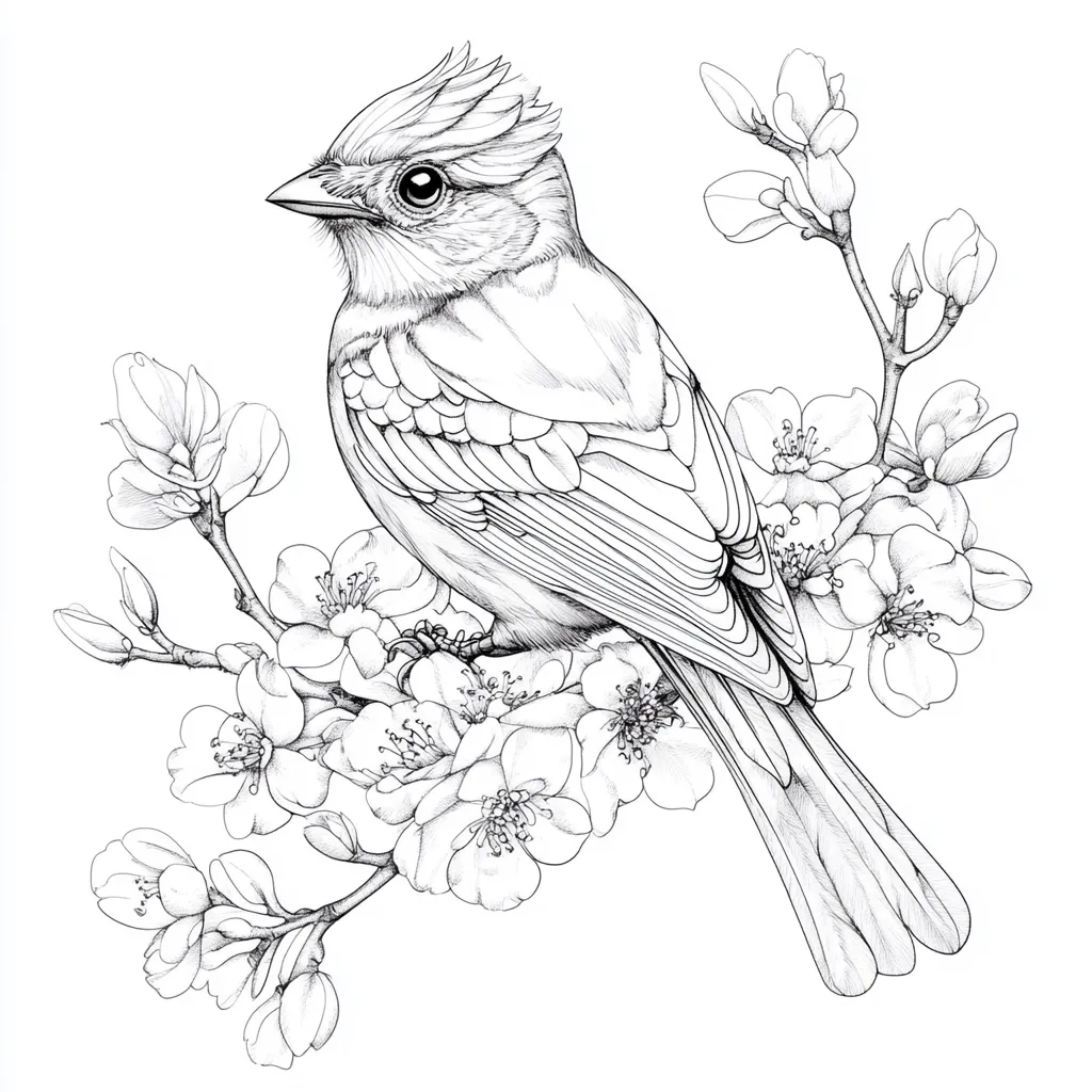 A detailed pencil sketch depicts a bird perched on a blossoming branch.  The bird, rendered with meticulous linework, showcases its feathers and delicate features.  The branch is laden with numerous flowers, each petal and stamen carefully drawn. The overall style is elegant and intricate, creating a harmonious blend of avian and floral elements. The contrast between the bird's form and the delicate blooms is striking.
