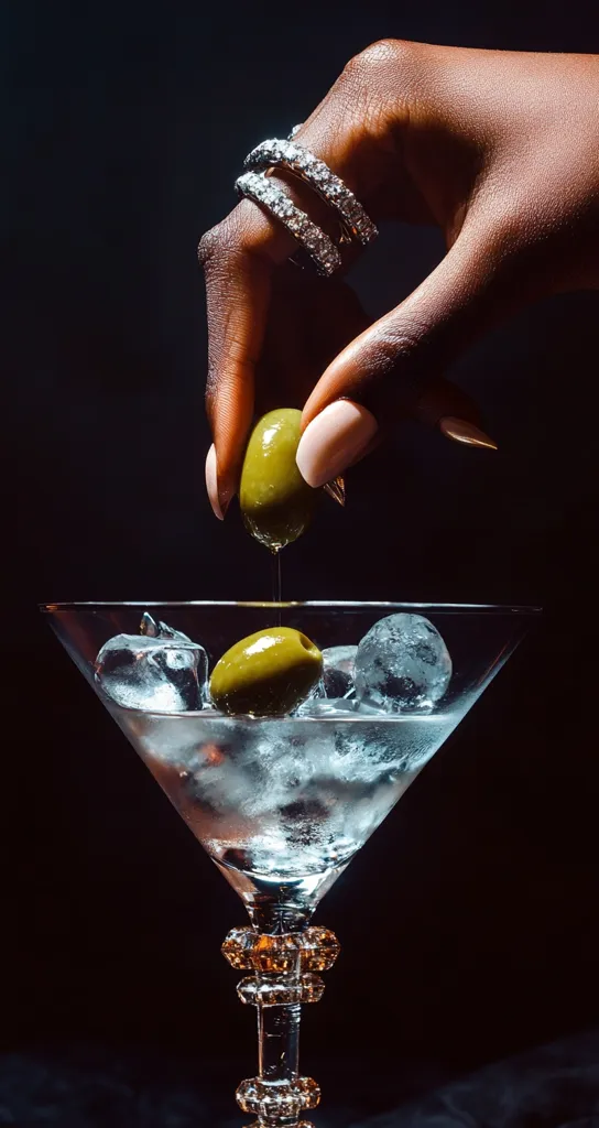 A hand adorned with two diamond rings delicately drops a green olive into a martini glass filled with ice. The dark background contrasts sharply with the glistening ice and the olive, creating a sophisticated and visually appealing image.  The focus is on the olive and the elegant hand, suggesting a moment of refined indulgence.