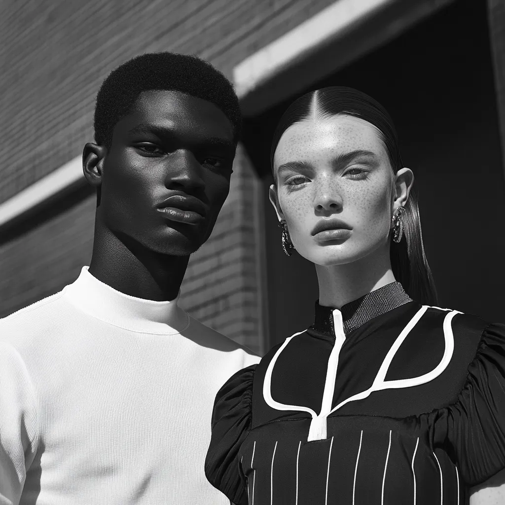 A black and white close-up shot features a young Black man and a young freckled woman.  The man, wearing a ribbed turtleneck, stands slightly behind the woman. She sports a pinstripe dress with a unique high-necked design and large hoop earrings.  The contrast between their skin tones and the stark monochrome photography creates a striking image.  The brick backdrop adds a gritty urban feel.