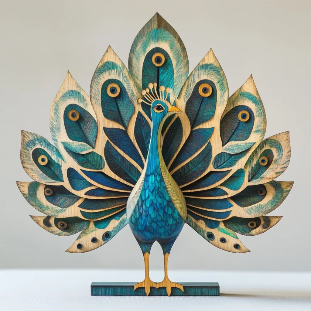 A meticulously crafted wooden peacock figurine stands proudly.  Its vibrant teal and blue plumage is intricately detailed, each feather carefully shaped and colored.  The wood grain is visible, adding texture and warmth to the piece.  The peacock's body is richly hued, contrasting beautifully with the lighter tones of its tail feathers.  The overall effect is a stunning piece of decorative art.