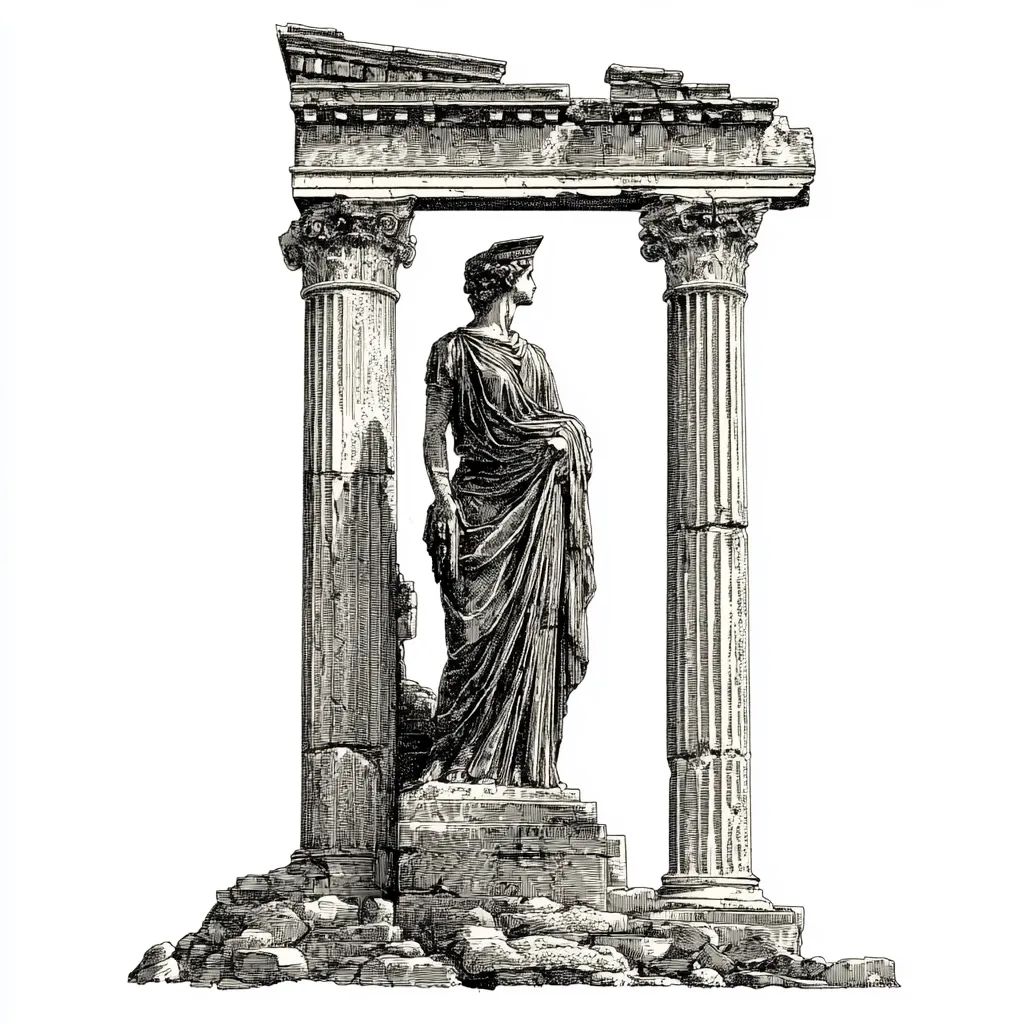 A detailed black and white illustration depicts a classical statue of a woman in a flowing robe, positioned within the ruins of a classical portico.  The woman stands serenely, her gaze directed to her right. The portico's architectural details, including fluted columns and a partially ruined entablature, are meticulously rendered, showcasing the passage of time and the remnants of ancient grandeur.  The image conveys a sense of history and timeless beauty.