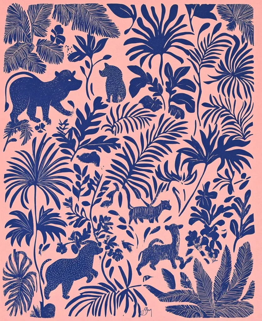 A pink background is adorned with a vibrant blue print of stylized tropical foliage and animals.  Bears, cats, and other creatures are interspersed amongst palm fronds, ferns, and flowering plants, creating a dense, jungle-like pattern. The design is bold and graphic, reminiscent of linocut or block print techniques.  The overall effect is playful and exotic.