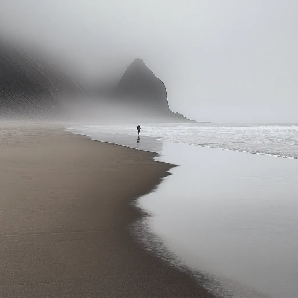A solitary figure walks along a tranquil beach, the sand a muted beige contrasting with the calm, grey ocean.  A misty, dark cliff looms in the background, shrouded in fog, creating a serene and minimalist seascape. The overall mood is one of quiet contemplation and solitude, emphasizing the vastness of nature.