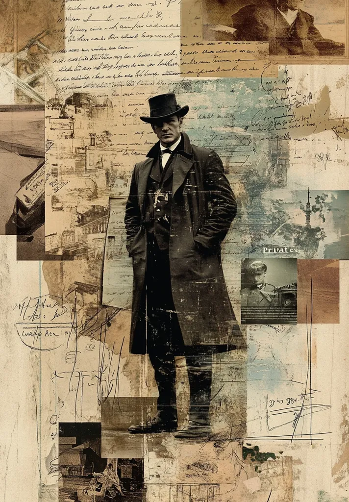 A sepia-toned collage features a man in a top hat and long overcoat, central to the image.  Surrounding him are fragments of handwritten letters, architectural sketches, photographs of other men in period clothing, and various ephemera, creating a layered, textured effect reminiscent of a scrapbook or historical archive. The overall mood is nostalgic and mysterious, evoking a sense of time and place.