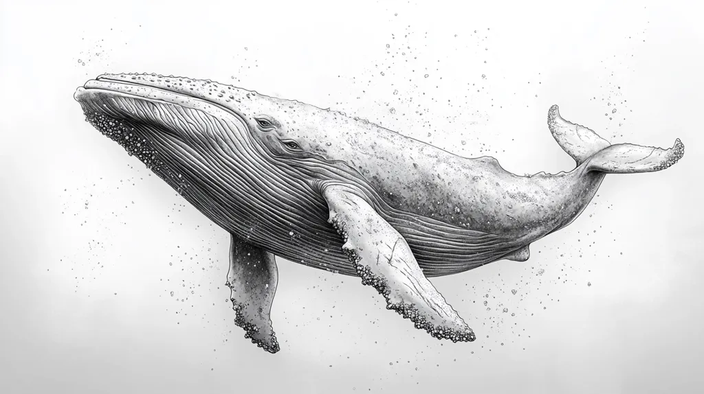 A detailed pencil sketch depicts a humpback whale gracefully ascending through the water.  Its textured skin, intricate barnacles, and powerful fluke are meticulously rendered in grayscale.  Small specks around the whale suggest water droplets or spray, enhancing the sense of movement and underwater ambiance. The composition emphasizes the whale's elegant form and the artist's skillful shading.