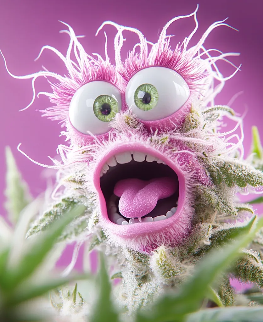 A whimsical 3D rendering depicts a cartoon character, its face formed from a cannabis bud.  The creature possesses large, expressive eyes and a wide-open mouth revealing a pink tongue.  Its pink fur-like texture contrasts with the green foliage, creating a vibrant and playful image against a purple backdrop. The overall style is humorous and slightly surreal.
