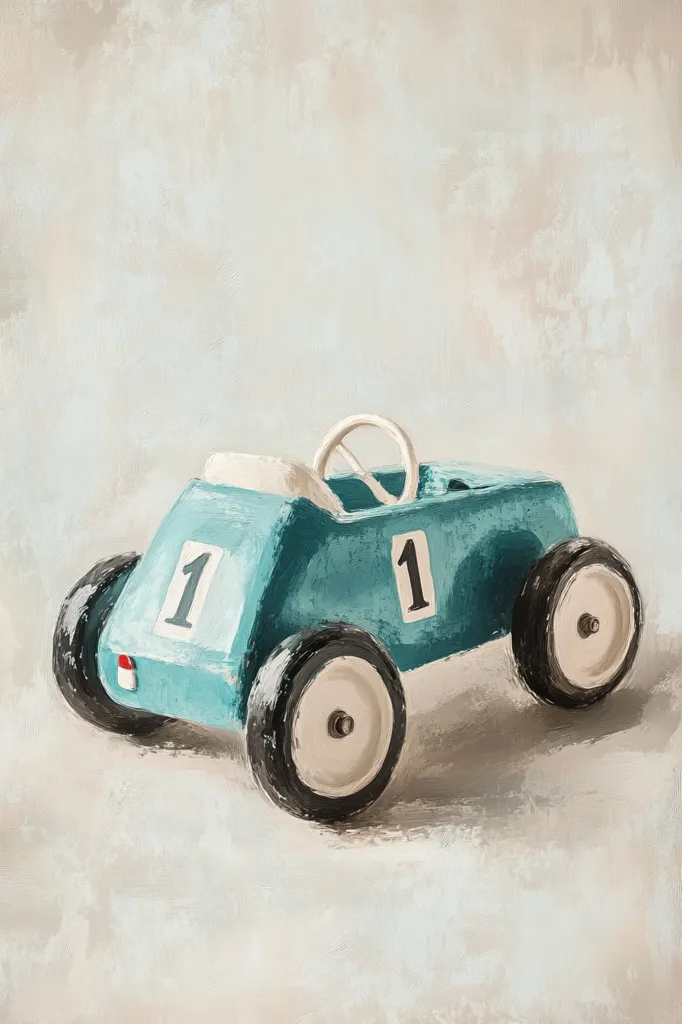 A digital painting depicts a teal vintage toy car, number 1, angled to the right against a light beige background. The car has a simplistic design with black tires and white rims. The number one is visible on both sides of the car. The style is reminiscent of children's book illustrations, with a soft, slightly textured brushstroke effect. The overall mood is nostalgic and charming.