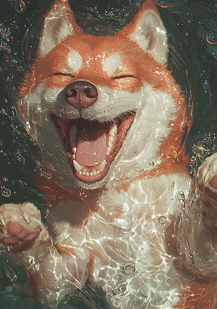 A joyful Shiba Inu dog is submerged in water, its mouth open in a wide, happy grin.  Sunlight refracts through the water, illuminating the dog's fur and creating shimmering patterns.  Bubbles surround the dog, adding to the playful underwater scene. The painting style is realistic, capturing the dog's expression and the texture of the water with great detail.