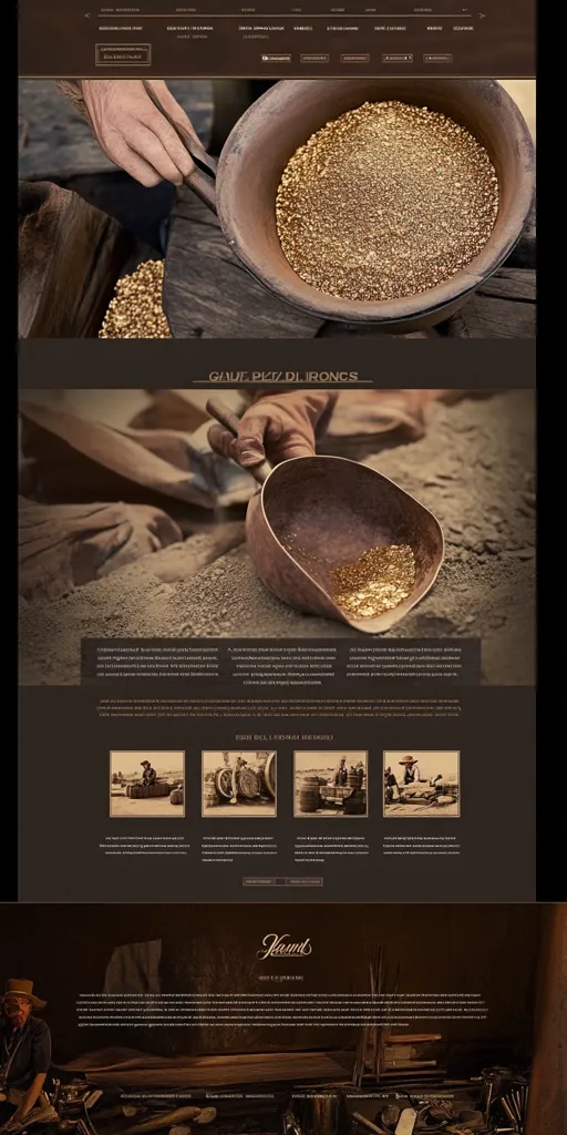 The image showcases a website depicting gold panning.  The top shows hands carefully working with gold in a large pan, while the bottom displays a sepia-toned historical photo series of gold mining.  The website features text detailing the gold panning process and its history, creating a visually rich and informative experience about the extraction and refinement of gold.  The overall aesthetic is rustic and evocative of the Old West.
