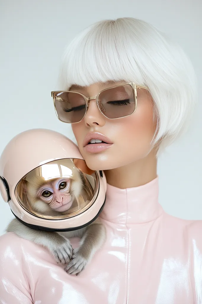 A young woman with a platinum blonde bob haircut and gold-rimmed sunglasses holds a small monkey wearing a miniature pink astronaut helmet.  She's dressed in a pale pink, shiny, high-necked jumpsuit. The overall aesthetic is stylish and futuristic, with a soft, pastel color palette. The image conveys a sense of whimsical fashion and playful sophistication.
