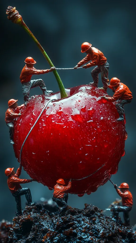Miniature figures in orange hard hats collaborate to move a giant, glistening red cherry.  Water droplets cling to the cherry's surface. They appear to be using a rope to maneuver the enormous fruit across a dark, textured landscape. The scene is a dramatic juxtaposition of scale and effort, creating a captivating and surreal image.