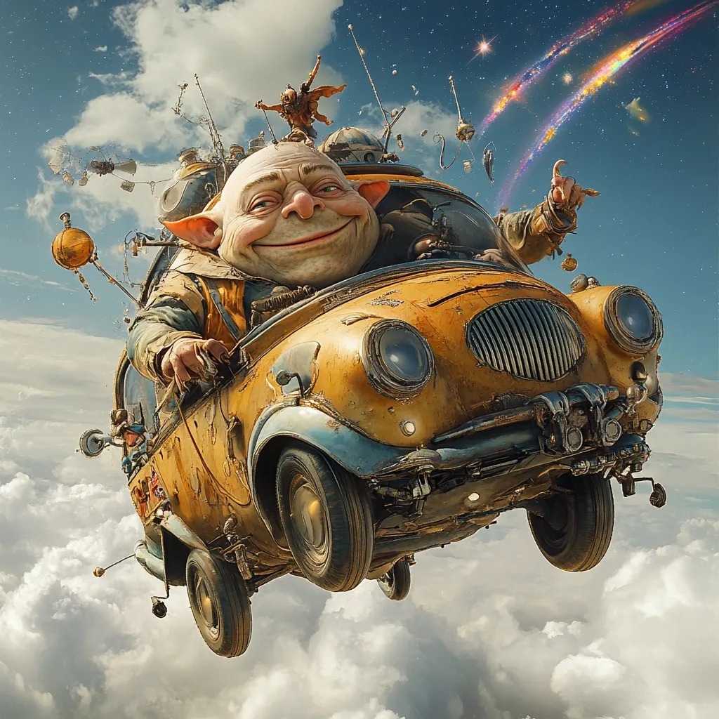 A jovial, bald gnome with large ears grins from behind the wheel of a whimsical, flying car.  The vehicle is a rusty, yellow-orange color, adorned with various contraptions and gadgets.  The gnome gestures playfully, as the car floats amidst fluffy clouds under a vibrant, star-speckled sky streaked with rainbow-colored trails.  The scene is fantastical and lighthearted.