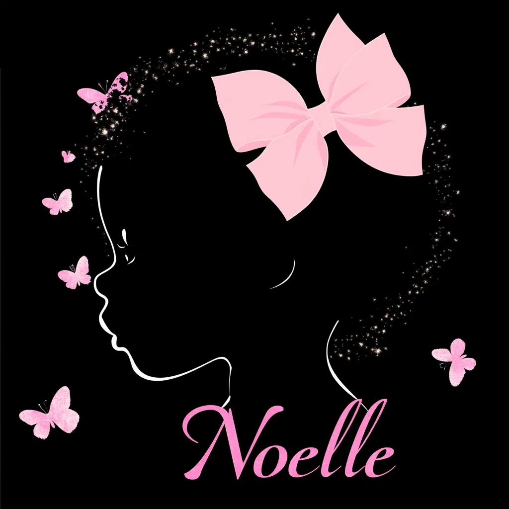 A silhouette of a baby girl's profile is adorned with a large pink bow and surrounded by small pink butterflies and sparkling dust.  The name "Noelle" is elegantly written beneath. The image is set against a black background, creating a visually striking and feminine design.  The overall aesthetic is delicate and charming.