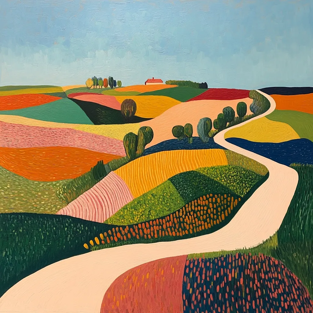 A vibrant landscape painting depicts a winding, pale road curving through a colorful countryside.  Fields of varying hues—pink, orange, green, and yellow—are separated by gently rolling hills.  A small red house sits atop a distant hill, adding a touch of warmth to the idyllic scene under a light blue sky. The painting's style is stylized, employing bold colors and simplified forms.