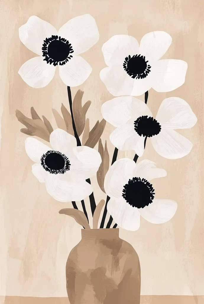 A stylized illustration depicts a bouquet of off-white anemones with dark centers arranged in a muted brown vase.  The flowers are painted with a loose, textured brushstroke, creating a soft, almost watercolor effect.  The background is a warm, neutral beige tone, complementing the earthy hues of the vase and the subtle shading of the blooms. The overall aesthetic is minimalist and calming.