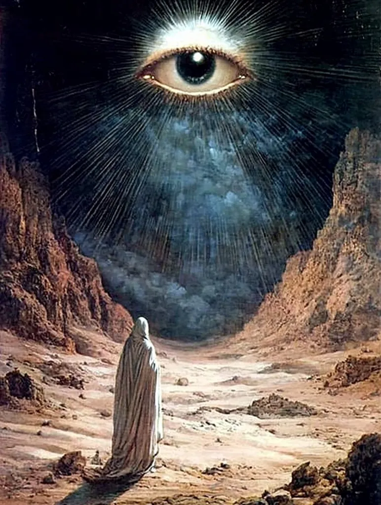 The painting depicts a desolate, rocky landscape under a dark sky.  A large, all-seeing eye, radiating light, dominates the upper portion. A lone figure, cloaked in white, stands in the foreground, seemingly gazing towards the celestial eye. The scene evokes a sense of mystery and perhaps divine observation or judgment. The overall mood is one of awe and contemplation.