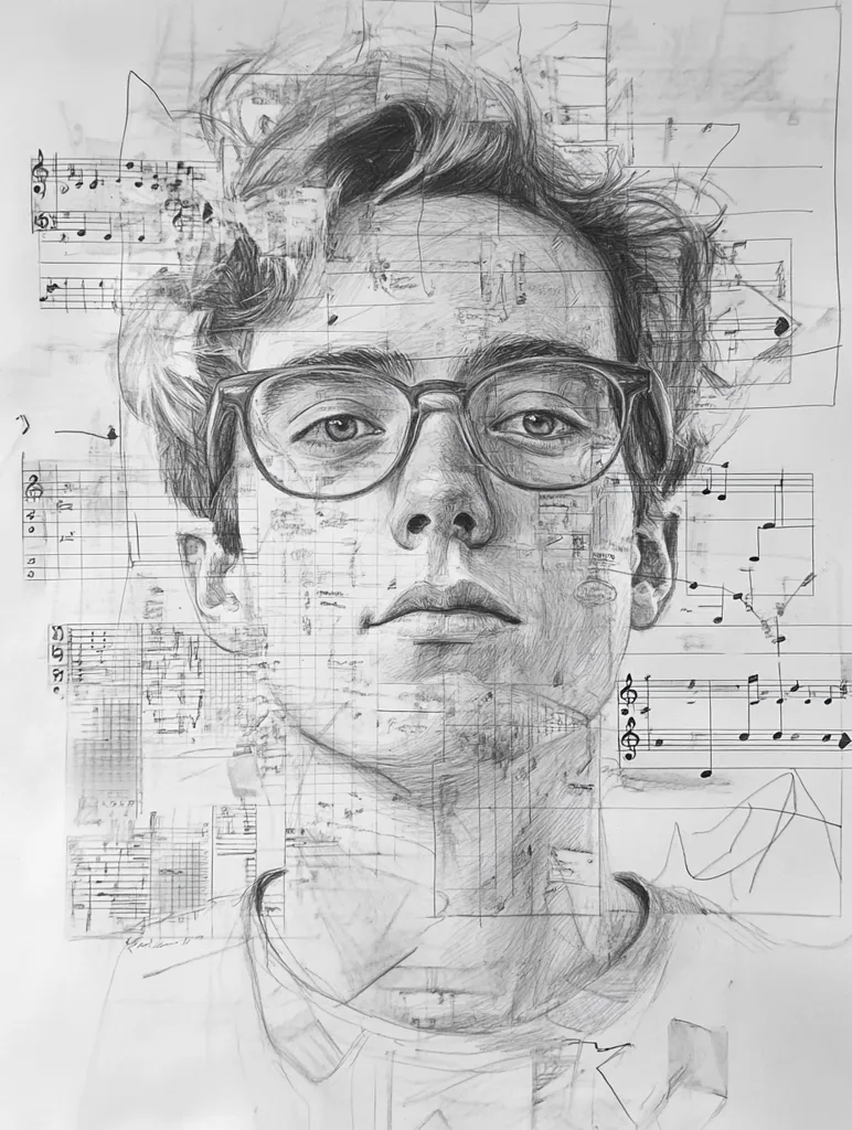A detailed pencil sketch of a young man wearing glasses.  The portrait is overlaid with fragmented musical notation and architectural blueprints, creating a layered effect.  The artist's skillful use of shading and linework captures a contemplative expression on the subject's face. The overall composition suggests a blend of personal identity and artistic influences.