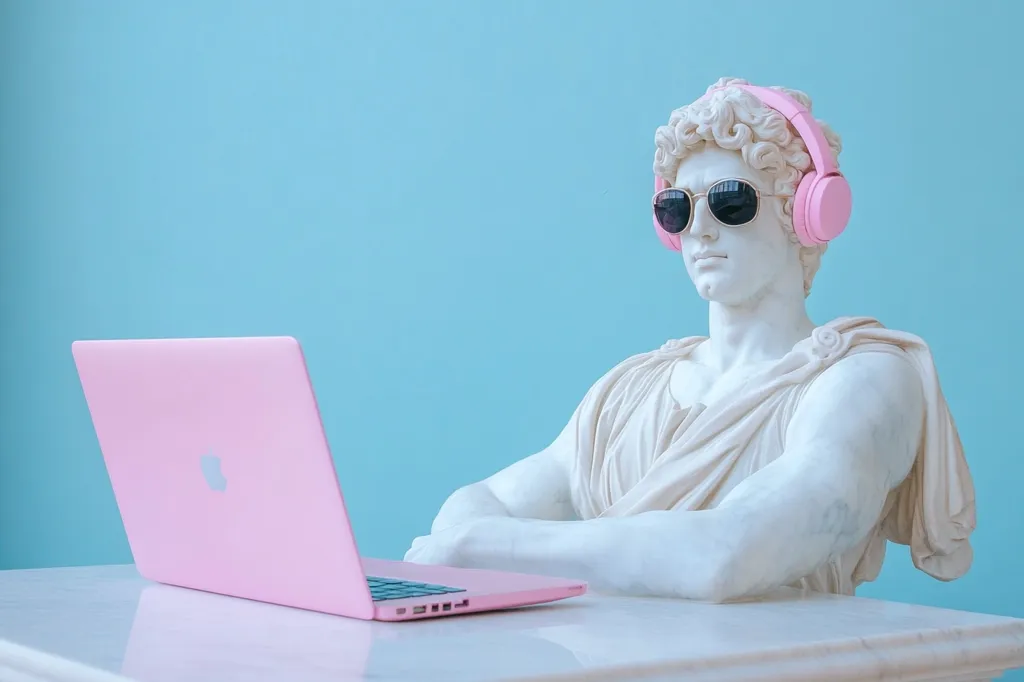 A classical marble bust of a man, wearing pink headphones and sunglasses, sits at a white table with a pink laptop. The bust is positioned with arms crossed, creating a juxtaposition of ancient art and modern technology.  The pastel color palette and minimalist setting give the image a trendy, surreal feel.