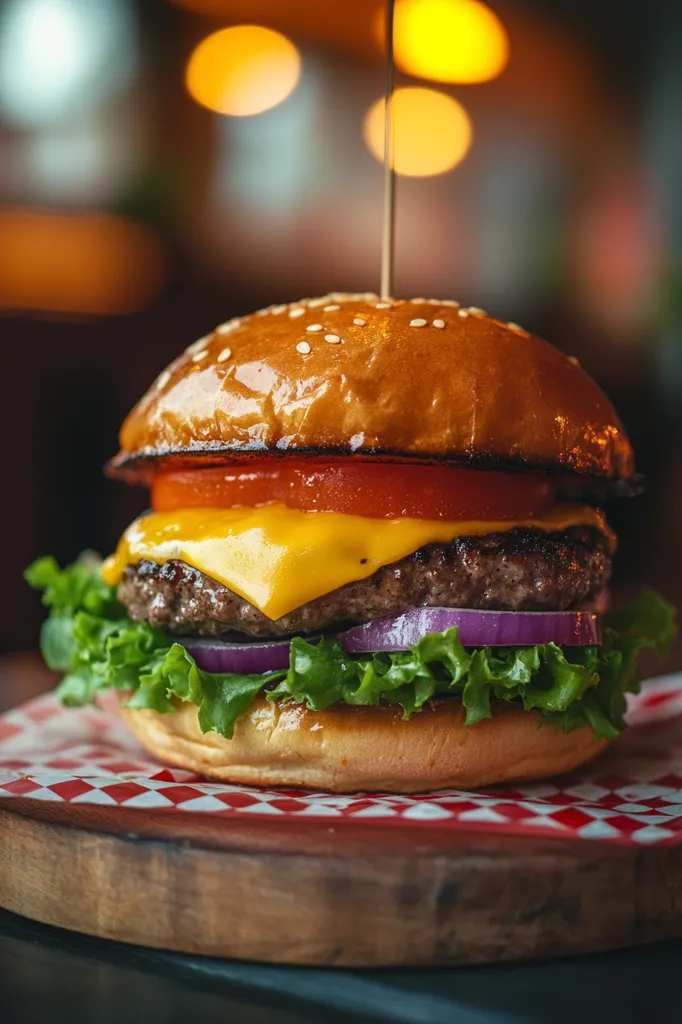 A juicy cheeseburger sits on a wooden board, its sesame seed bun glistening.  A melted slice of cheese drapes over the grilled patty, layered with tomato, red onion, and lettuce.  The burger rests on red and white checkered paper, creating a classic diner aesthetic. A toothpick is visible in the top of the bun. The background is blurred, suggesting a warm, inviting restaurant setting.