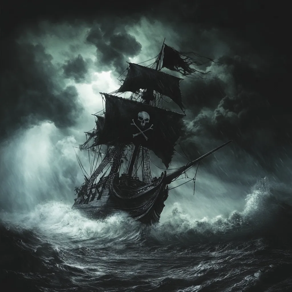 A menacing pirate ship, its sails tattered and black, navigates treacherous, stormy seas.  The Jolly Roger, a skull and crossbones, is clearly visible on its main sail.  Dark, ominous clouds fill the sky, enhancing the dramatic and foreboding atmosphere.  The ship battles raging waves, its journey fraught with peril and mystery.