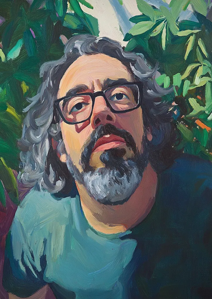 A close-up oil painting depicts a man with long graying hair and a beard, wearing glasses and a teal t-shirt. His gaze is directed upward, and he is surrounded by lush green foliage. The artist uses visible brushstrokes, creating a textured and expressive style. The overall mood is contemplative and intimate. The painting's color palette is dominated by greens, teals, and muted earth tones.