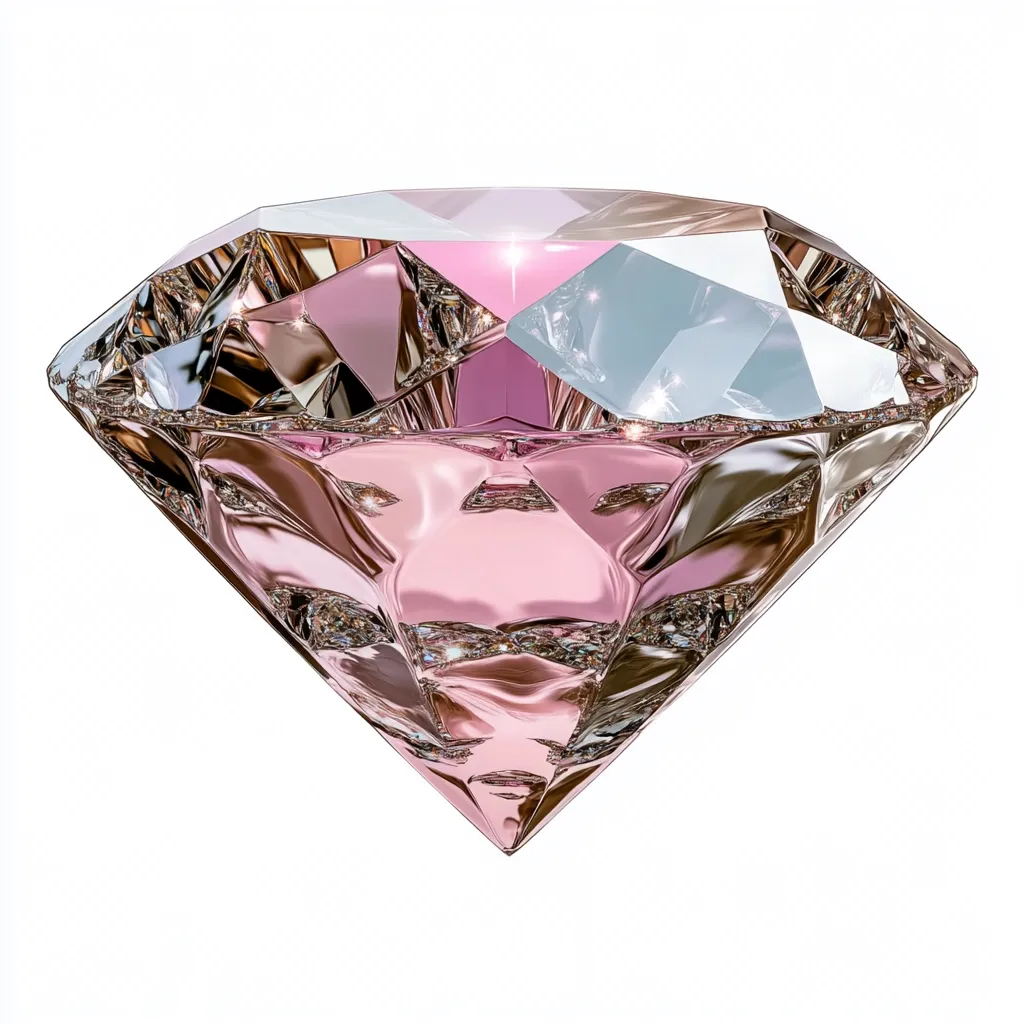 A large, lustrous pink diamond is showcased against a stark white backdrop.  Its multifaceted facets brilliantly reflect light, creating a dazzling display of shimmering highlights and subtle color variations. The gem's smooth, polished surfaces emphasize its flawless cut and exceptional clarity, evoking a sense of luxury and exquisite beauty.  The image focuses solely on the diamond, enhancing its inherent sparkle and captivating presence.