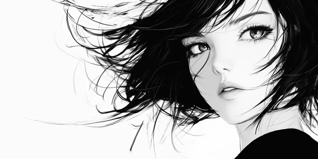 A monochrome illustration showcases a young woman's profile. Her dark hair, dynamically rendered, flows around her face, suggesting movement.  Large, expressive eyes and a subtly parted mouth convey a sense of quiet contemplation or wistfulness.  The style is reminiscent of anime or manga, with delicate linework and shading creating a striking contrast against the stark white background.
