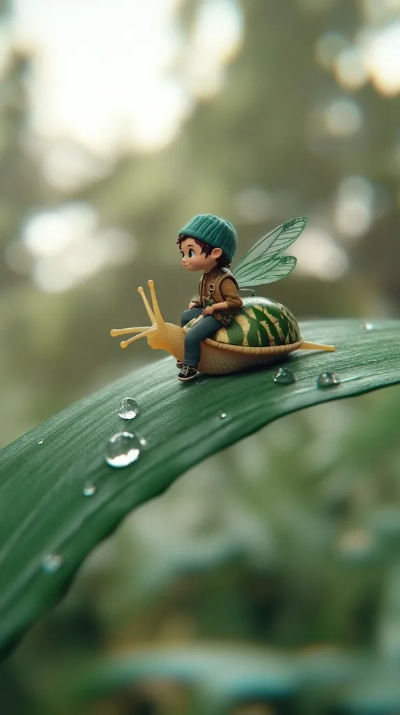A whimsical illustration depicts a tiny fairy-like creature, wearing a green hat and brown jacket, perched atop a snail.  The snail glides across a dew-kissed leaf, the background blurred with soft green tones suggesting a lush forest. The scene evokes a sense of magic and gentle adventure in a miniature world.  Water droplets cling to the leaf's surface, adding to the image's ethereal quality.