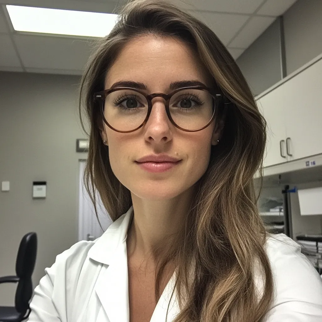 A young woman with long brown hair and round brown-framed glasses is pictured.  She's wearing a white lab coat, suggesting a medical or scientific profession. Her expression is serious and direct, looking straight at the camera. The background is a blurred office or lab setting.  The overall image is clean and professional.