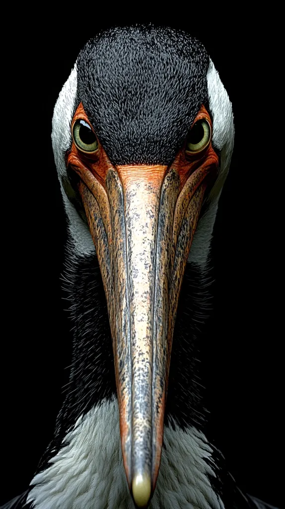 A close-up shot reveals the intense gaze of a bird, possibly a pelican or similar species.  Its large, dark eyes are striking against the contrasting black and white feathers of its head and neck.  The bird's prominent, long beak dominates the image, showcasing intricate details in its texture and coloration. The background is pure black, focusing all attention on the bird's captivating features.