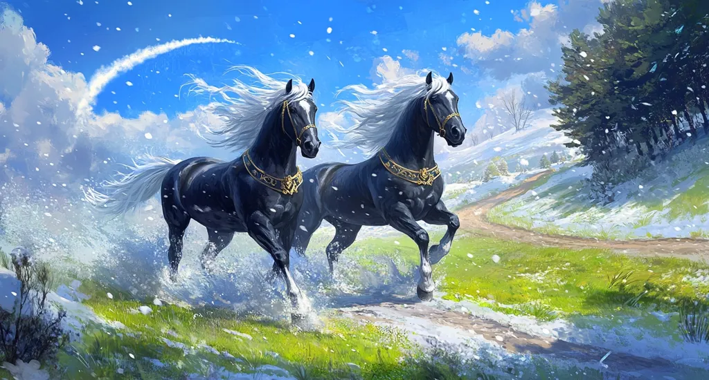 Two majestic black horses with flowing white manes and gold bridles gallop across a snowy landscape.  A dirt path winds through a field of green grass dusted with snow, leading towards a dark pine forest under a bright blue sky.  Snowflakes gently fall, creating a magical winter scene. The horses' powerful strides and flowing manes suggest a sense of freedom and grace.