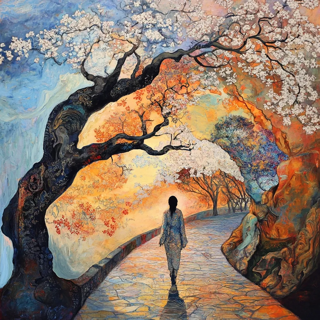 A woman in a flowing robe walks a path under a large, gnarled tree adorned with blossoming branches in shades of white, orange, and blue. The path curves gently, leading towards a warm, golden light. The scene is painted with vibrant colors and textures, creating a dreamlike, serene atmosphere.  The artwork evokes a sense of peace and contemplation amidst a fantastical, blossoming landscape.
