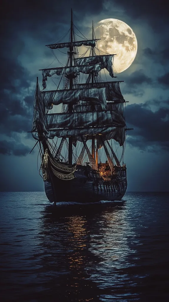 A majestic, dark-hulled galleon sails serenely under a luminous full moon.  The ship's sails are tattered and dark, adding to its mysterious aura.  The calm sea reflects the moonlight and the ship's lights, creating a captivating scene of nocturnal tranquility and adventure. The dark, moody sky complements the vessel's aged appearance, evoking a sense of history and the unknown.