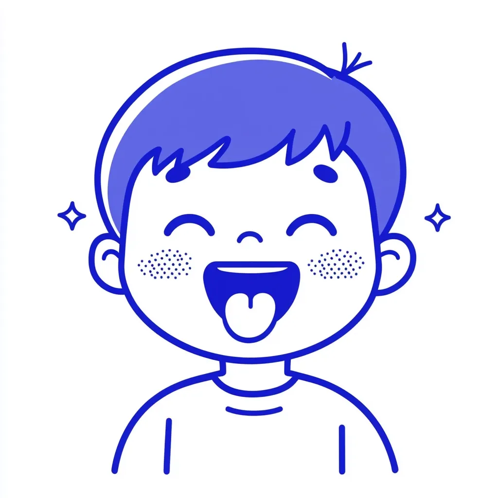 A cartoon illustration of a joyful boy with blue hair.  He has rosy cheeks and a wide, open mouth, sticking his tongue out playfully.  The style is simple line art with a solid blue fill for the hair.  He appears happy and cheerful, radiating positive energy.  Small sparkles accentuate his joyful expression.