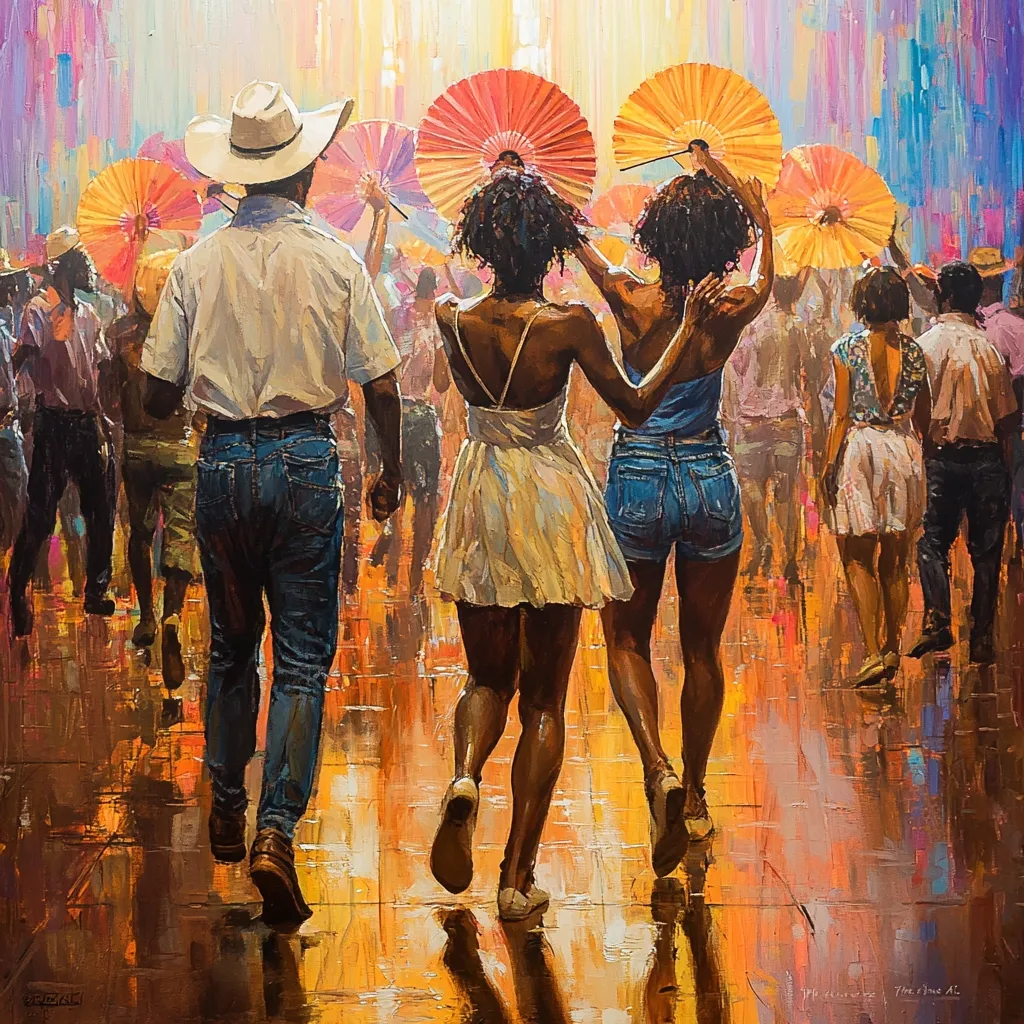 A vibrant oil painting depicts a lively street scene, possibly a parade or festival. Two women in summer dresses, holding colorful hand fans, walk hand-in-hand down a wet street, their reflections shimmering on the glistening pavement. A man in a cowboy hat follows them, surrounded by a crowd of people, also carrying fans, in a flurry of warm, golden tones. The painting captures a feeling of joyous movement and celebration.