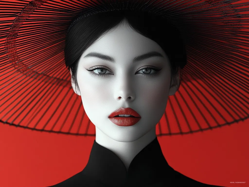 A striking portrait of a woman with pale skin and dark hair, adorned with a large, vibrant red and black hat resembling a traditional Asian parasol. Her makeup is subtly dramatic, emphasizing her eyes and red lips. The contrast between her monochromatic face and the bold red background creates a visually captivating image.  The overall aesthetic is elegant and mysterious.