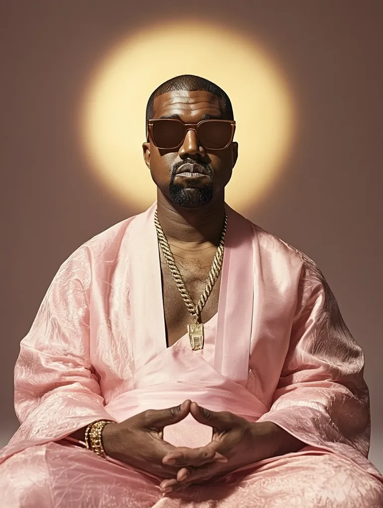 Kanye West is shown in a serene pose, seated in a light pink robe.  He wears brown sunglasses and a gold rope chain with a pendant.  His hands are clasped in his lap, suggesting meditation or contemplation.  A soft, halo-like light illuminates him against a muted background. The image projects a sense of calm and spiritual reflection.